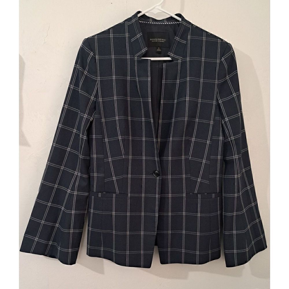 Banana Republic Womens Size 6 Navy Blue Window Pane Flare Sleeve Blazer Jacket